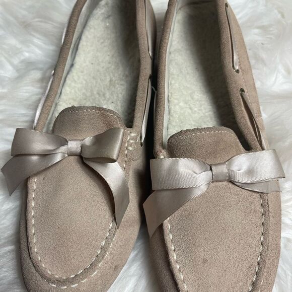Vionic Alice  Nude Suede Leather Faux Shearling Satin Bow Loafer SZ9.5 - Picture 11 of 12